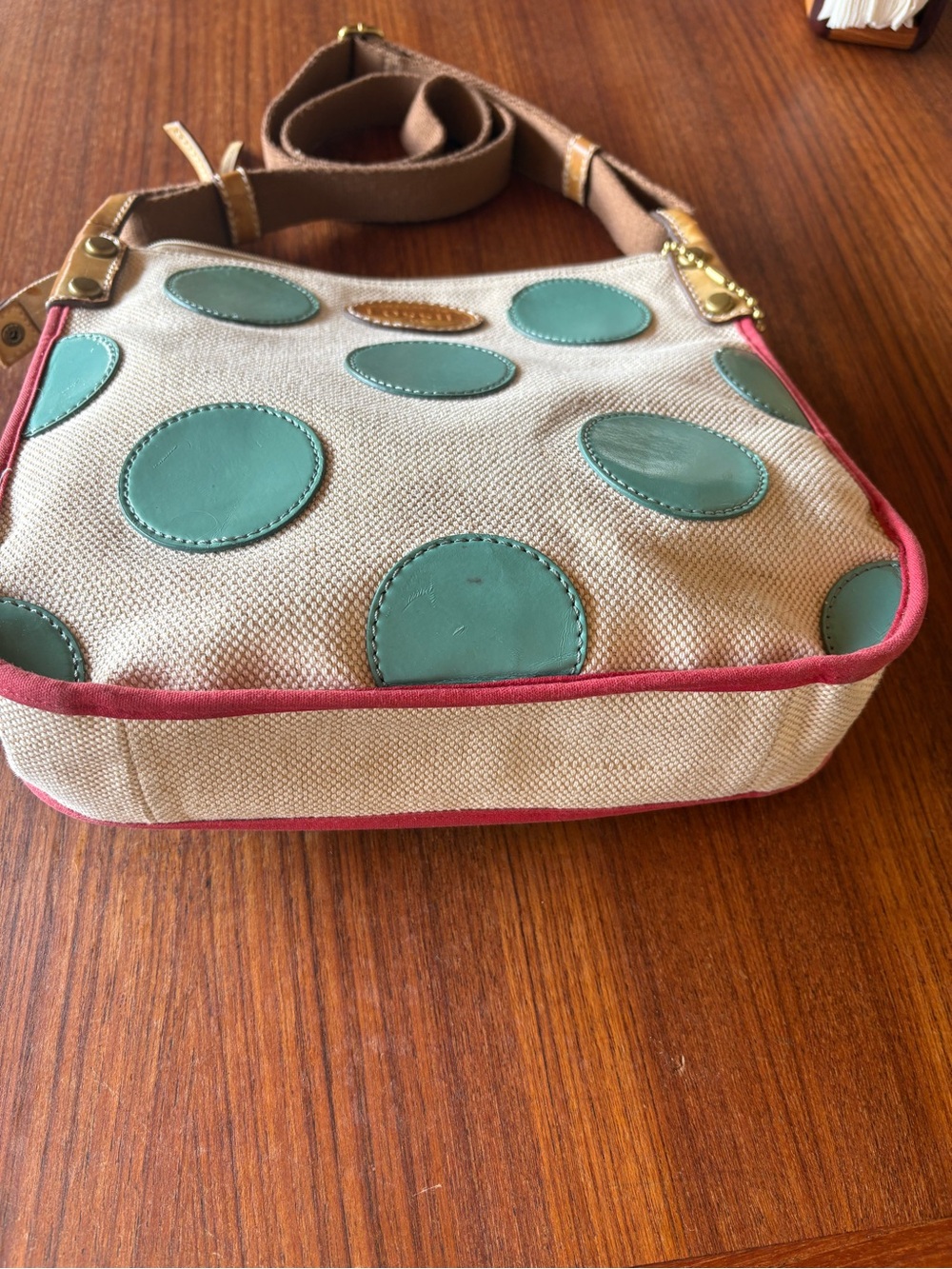 Fossil Cream Canvas Crossbody with Teal Polka Dots and Pink Trim - Picture 2 of 8